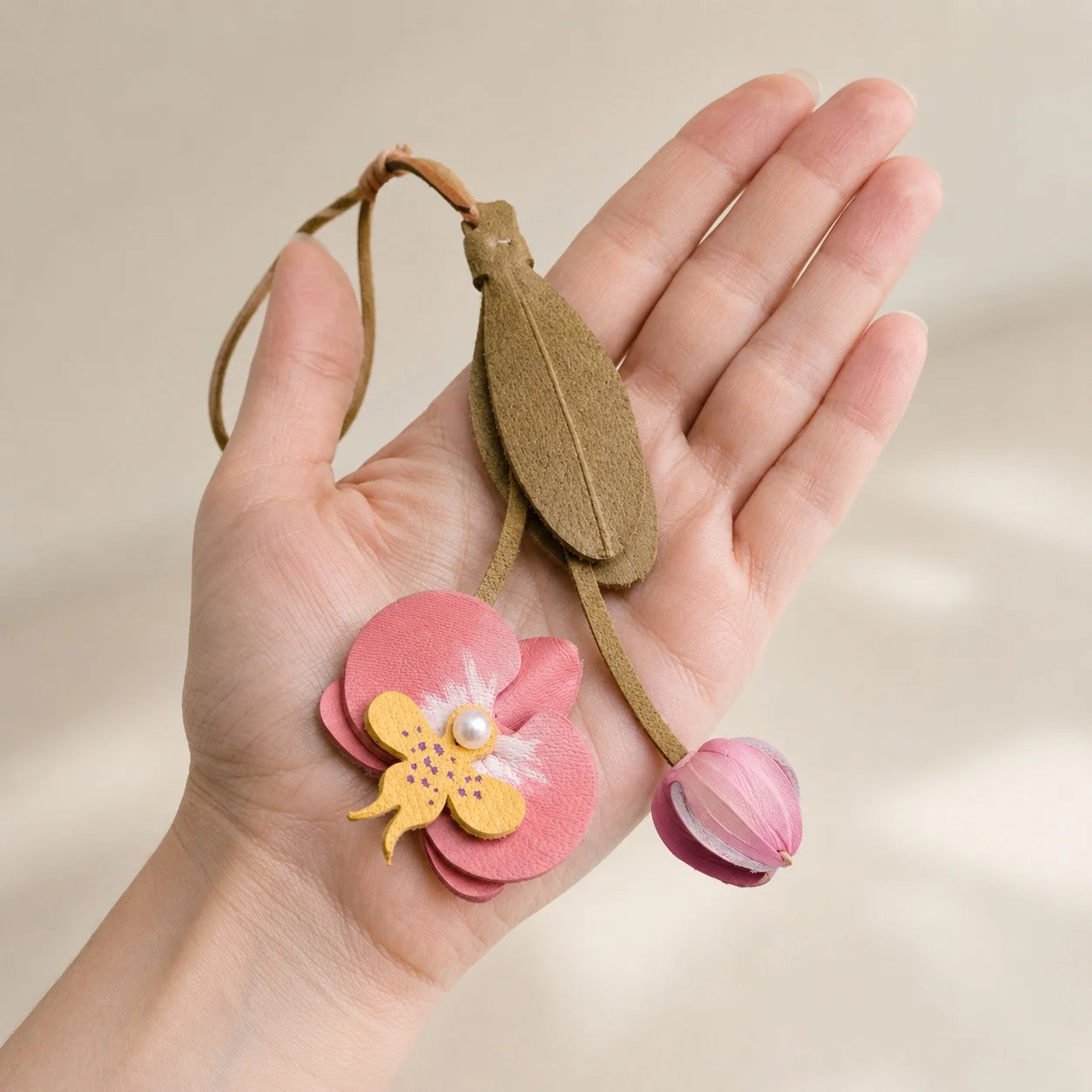 Pink Orchid Leather Bag Charm with Layered Bloom, Bud and Leaf Details, Available with Brass Hook or Leather Strap Attachment