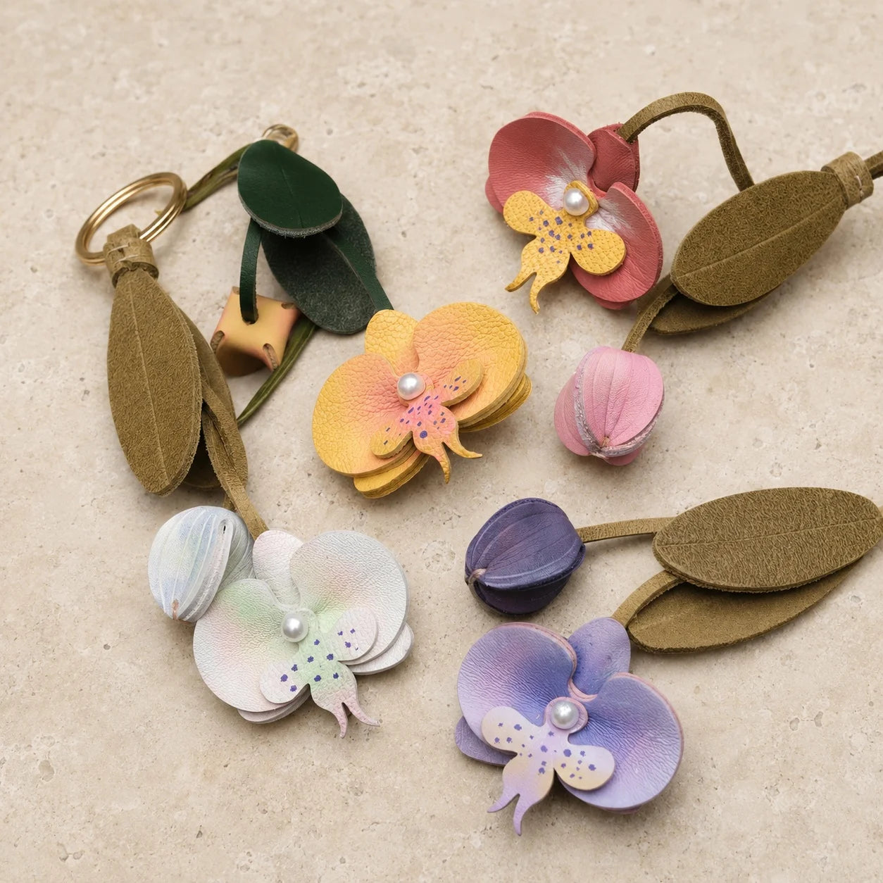 Pink Orchid Leather Bag Charm with Layered Bloom, Bud and Leaf Details, Available with Brass Hook or Leather Strap Attachment