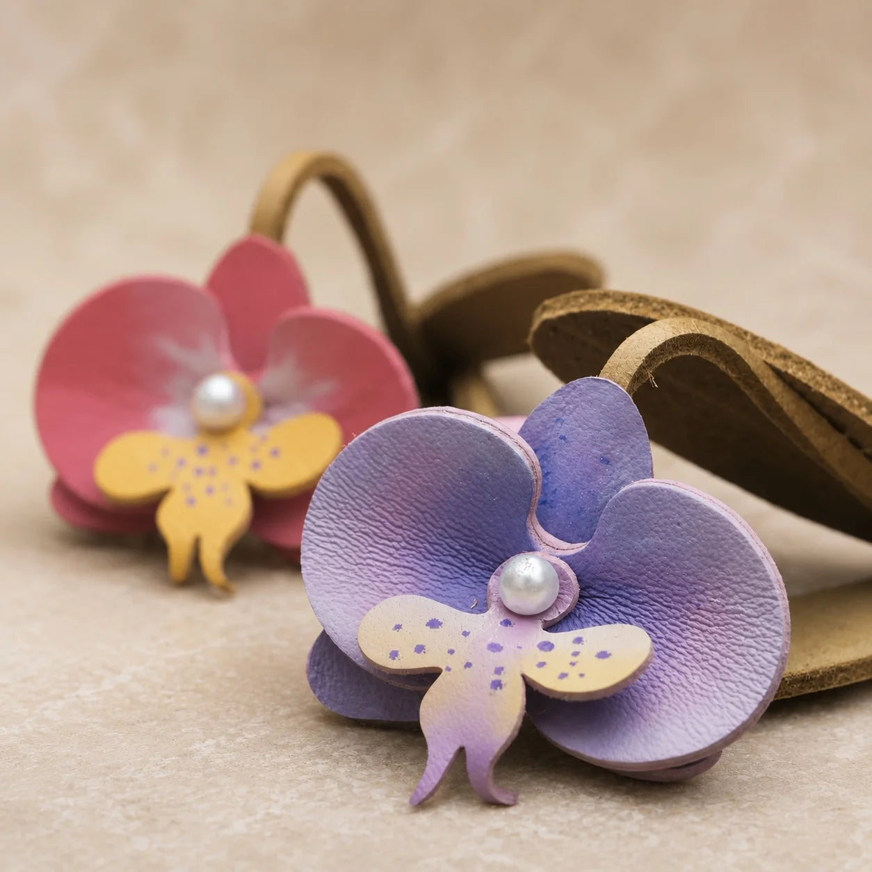 Pink Orchid Leather Bag Charm with Layered Bloom, Bud and Leaf Details, Available with Brass Hook or Leather Strap Attachment