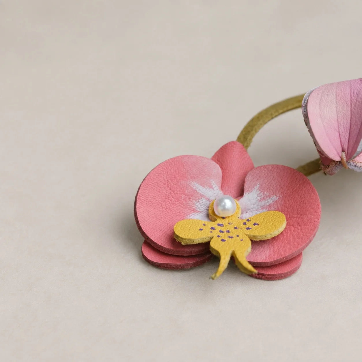 Pink Orchid Leather Bag Charm with Layered Bloom, Bud and Leaf Details, Available with Brass Hook or Leather Strap Attachment
