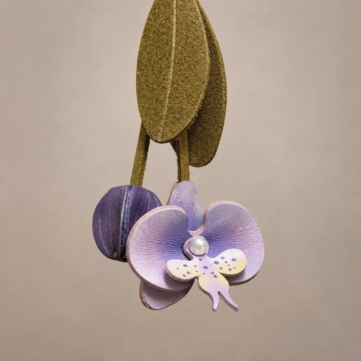 Pink Orchid Leather Bag Charm with Layered Bloom, Bud and Leaf Details, Available with Brass Hook or Leather Strap Attachment