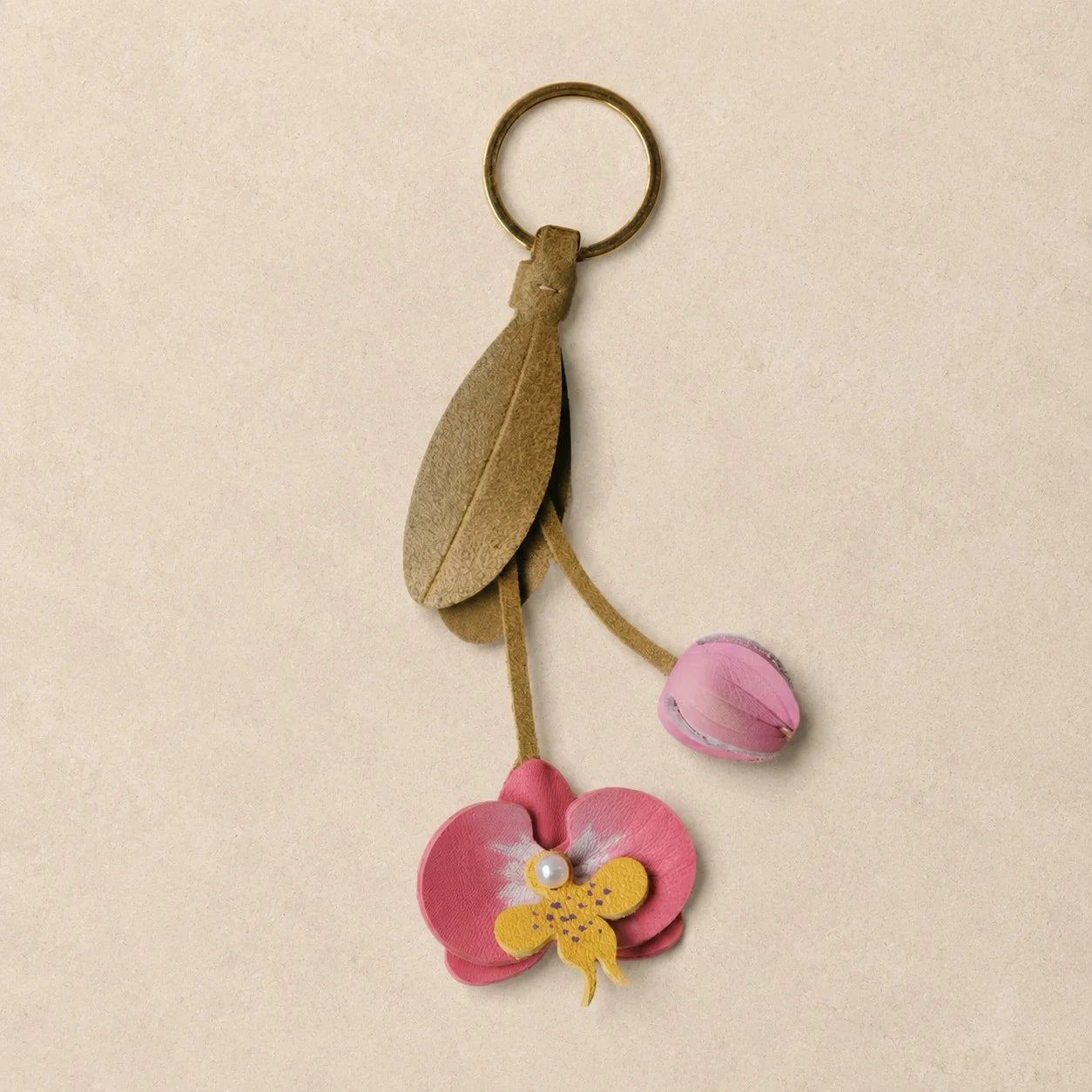 Pink Orchid Leather Bag Charm with Layered Bloom, Bud and Leaf Details, Available with Brass Hook or Leather Strap Attachment