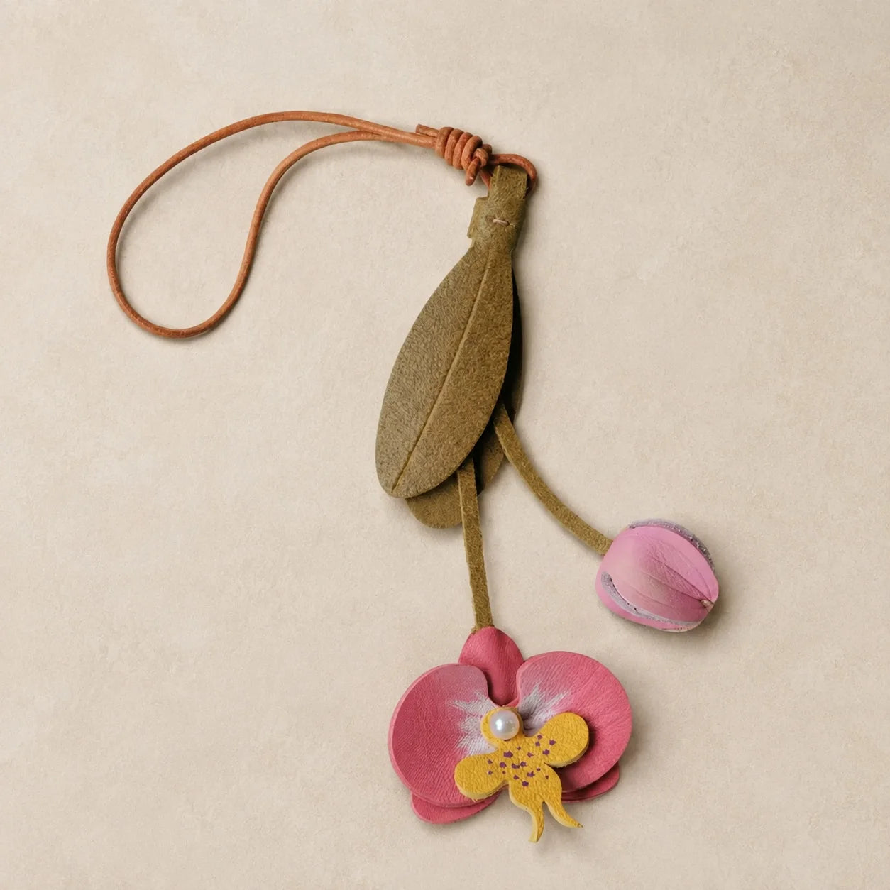 Pink Orchid Leather Bag Charm with Layered Bloom, Bud and Leaf Details, Available with Brass Hook or Leather Strap Attachment