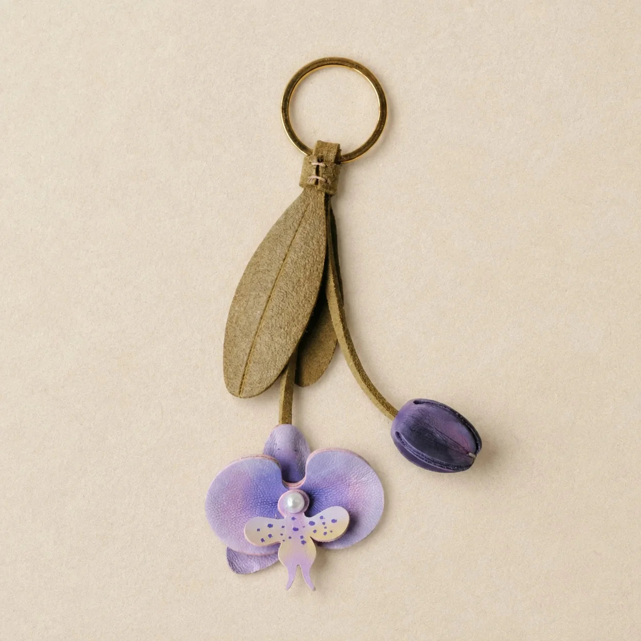 Pink Orchid Leather Bag Charm with Layered Bloom, Bud and Leaf Details, Available with Brass Hook or Leather Strap Attachment