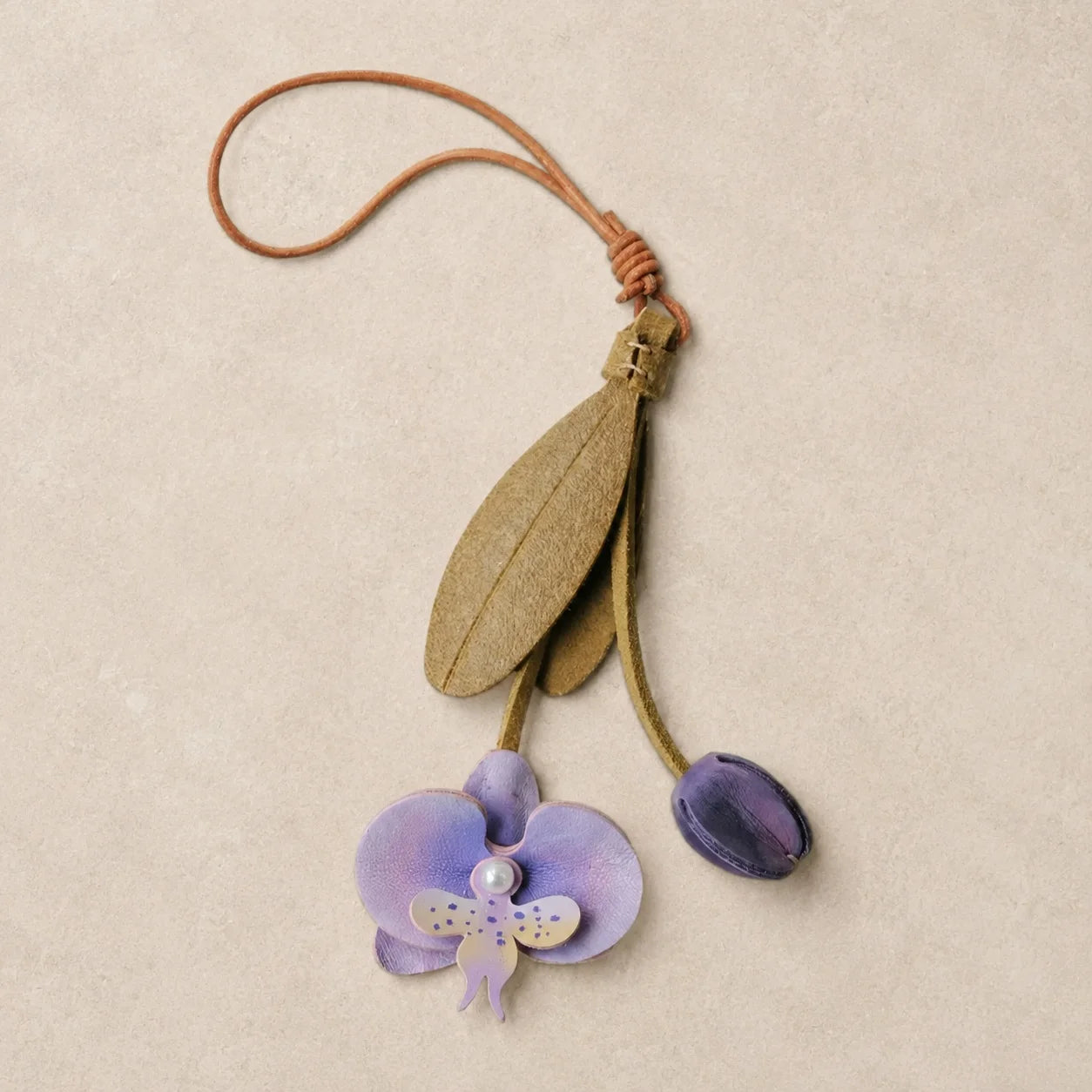 Pink Orchid Leather Bag Charm with Layered Bloom, Bud and Leaf Details, Available with Brass Hook or Leather Strap Attachment