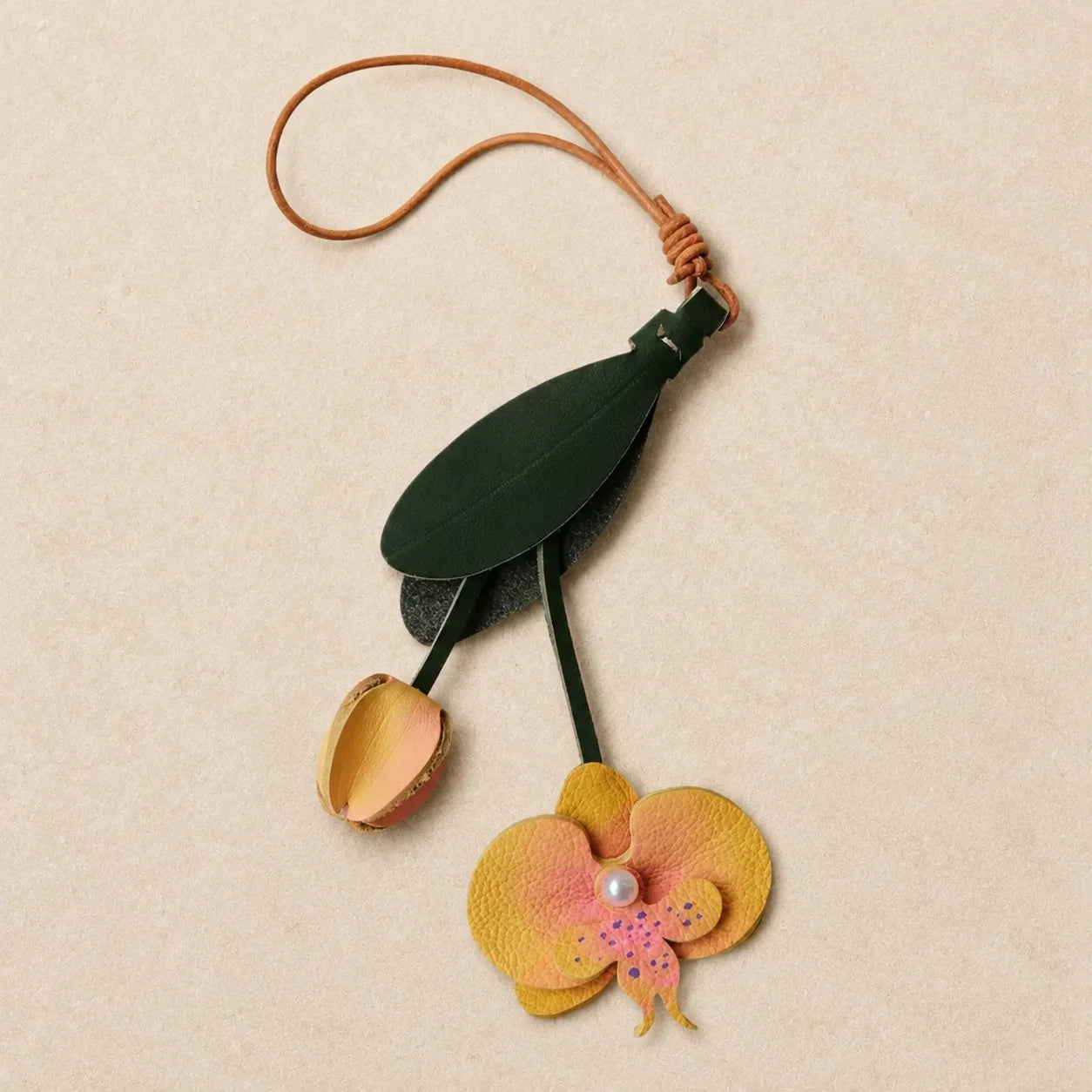 Pink Orchid Leather Bag Charm with Layered Bloom, Bud and Leaf Details, Available with Brass Hook or Leather Strap Attachment