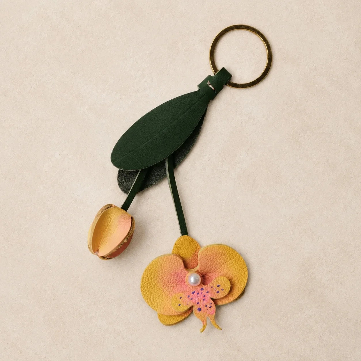 Pink Orchid Leather Bag Charm with Layered Bloom, Bud and Leaf Details, Available with Brass Hook or Leather Strap Attachment