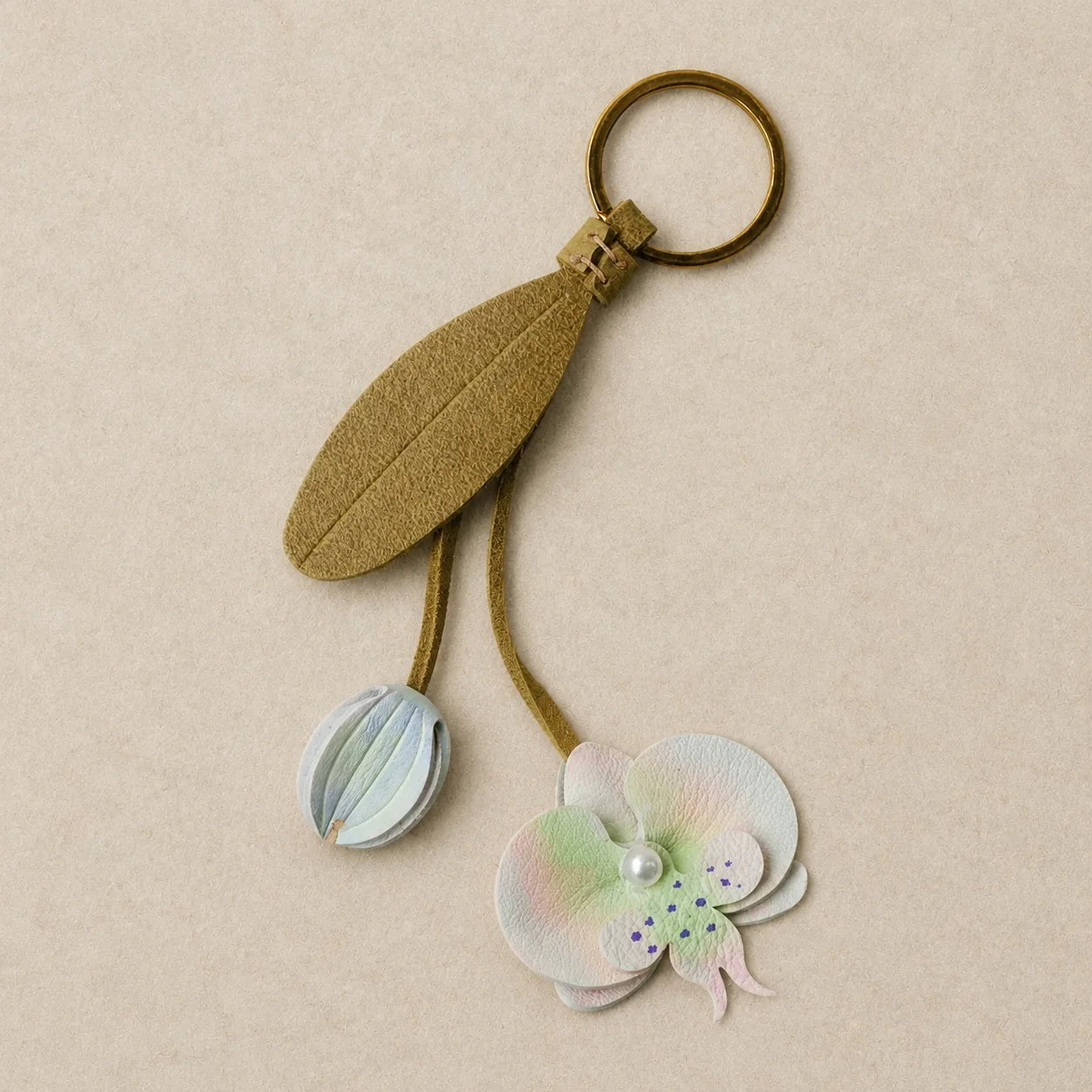 Pink Orchid Leather Bag Charm with Layered Bloom, Bud and Leaf Details, Available with Brass Hook or Leather Strap Attachment