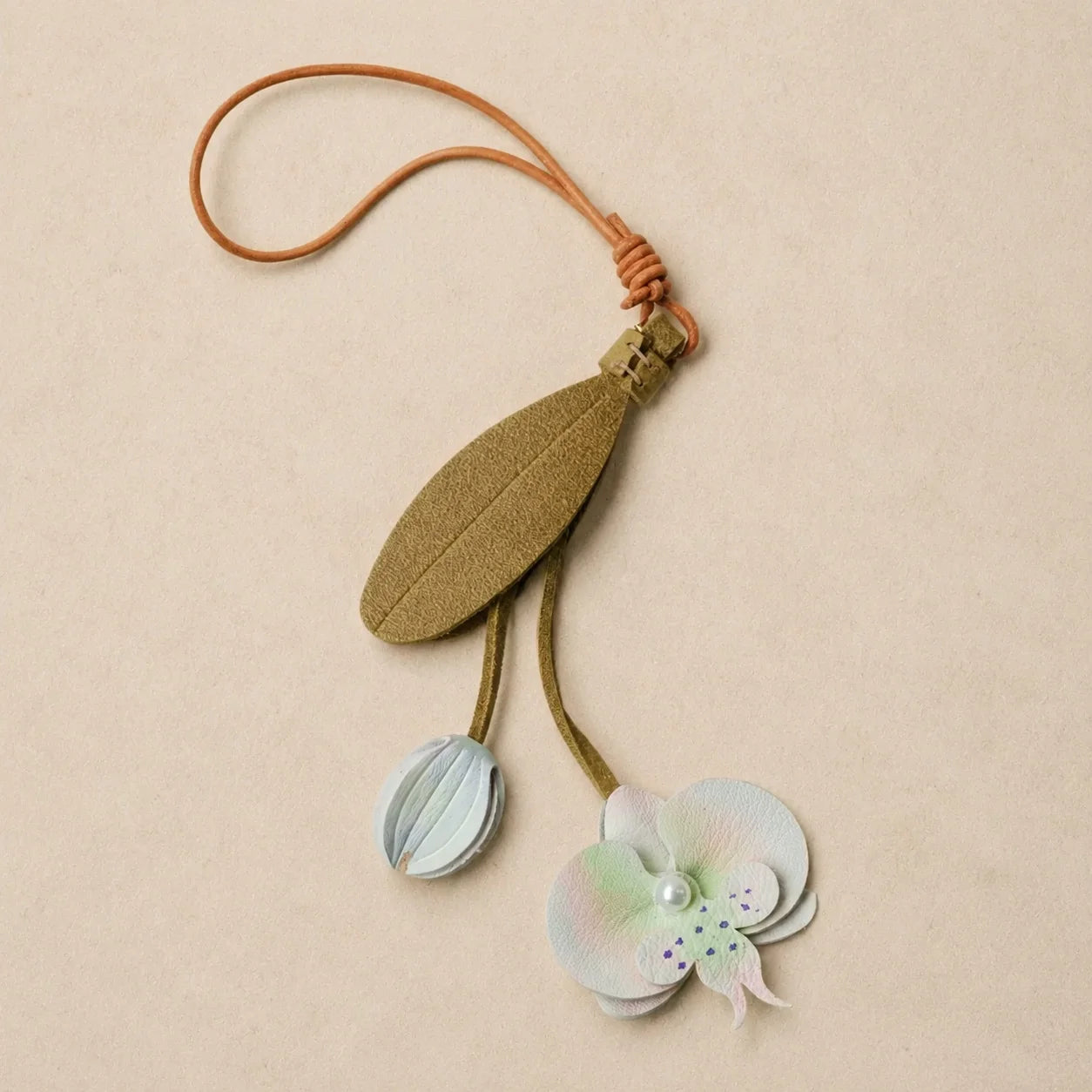 Pink Orchid Leather Bag Charm with Layered Bloom, Bud and Leaf Details, Available with Brass Hook or Leather Strap Attachment