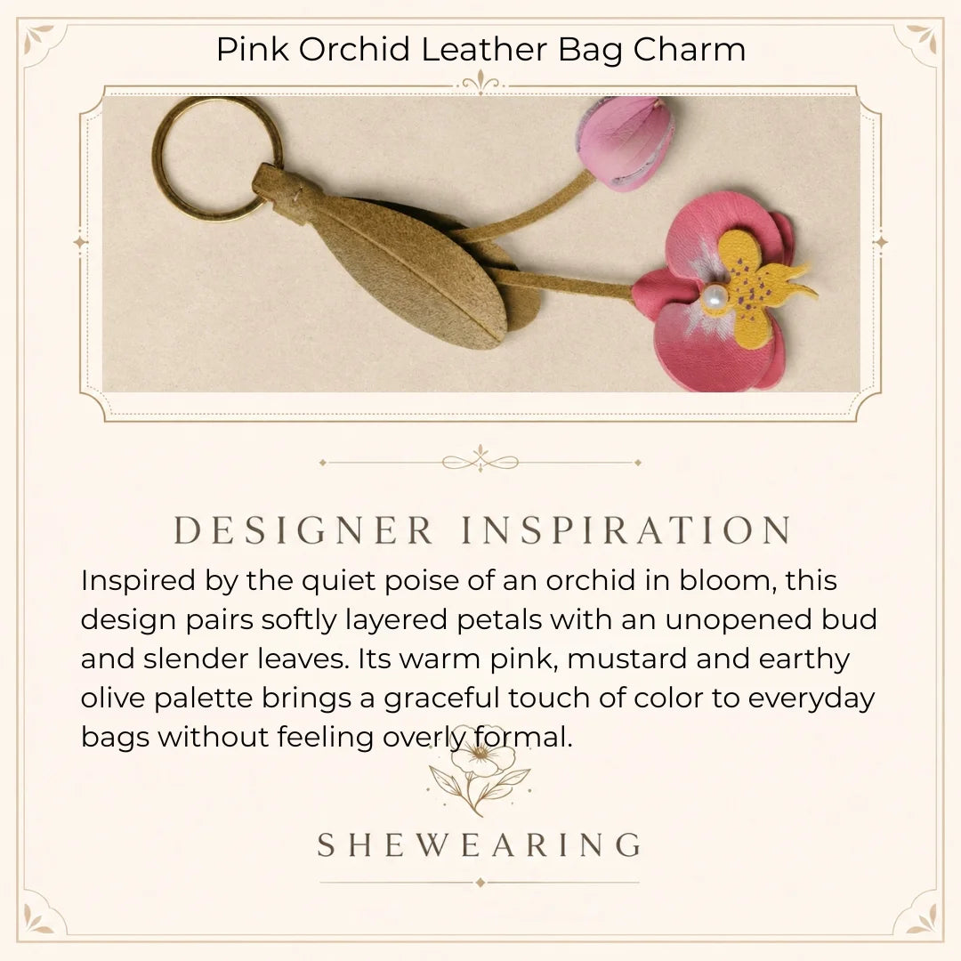 Pink Orchid Leather Bag Charm with Layered Bloom, Bud and Leaf Details, Available with Brass Hook or Leather Strap Attachment