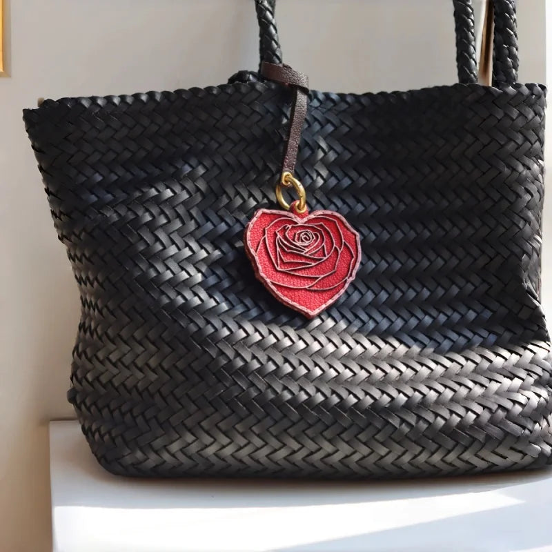 Rose Heart Leather Bag Charm – Original Handmade Genuine Leather RFID Card Holder | Romantic Rose Pendant Keychain | Elegant Functional Accessory, Gift for Her