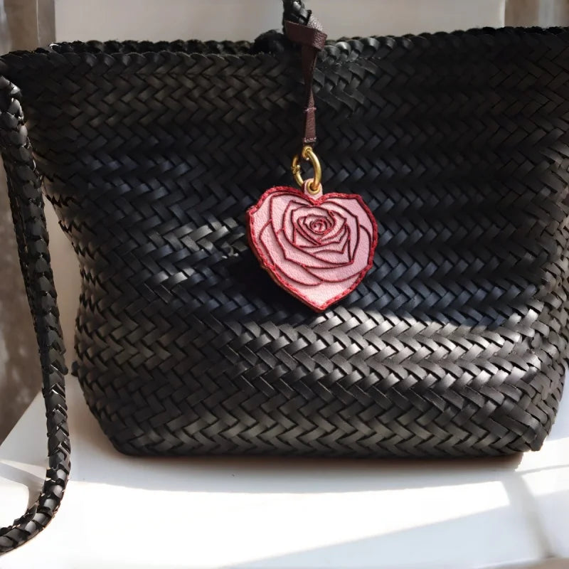 Rose Heart Leather Bag Charm – Original Handmade Genuine Leather RFID Card Holder | Romantic Rose Pendant Keychain | Elegant Functional Accessory, Gift for Her