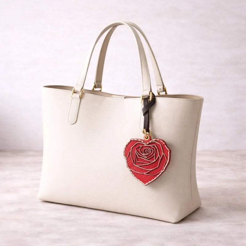 Rose Heart Leather Bag Charm – Original Handmade Genuine Leather RFID Card Holder | Romantic Rose Pendant Keychain | Elegant Functional Accessory, Gift for Her