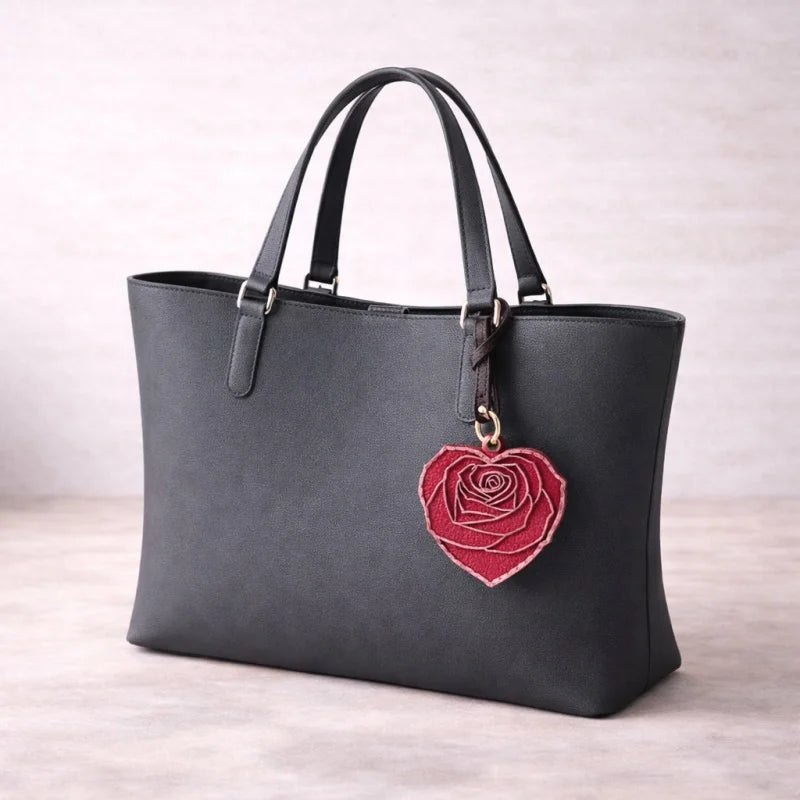 Rose Heart Leather Bag Charm – Original Handmade Genuine Leather RFID Card Holder | Romantic Rose Pendant Keychain | Elegant Functional Accessory, Gift for Her