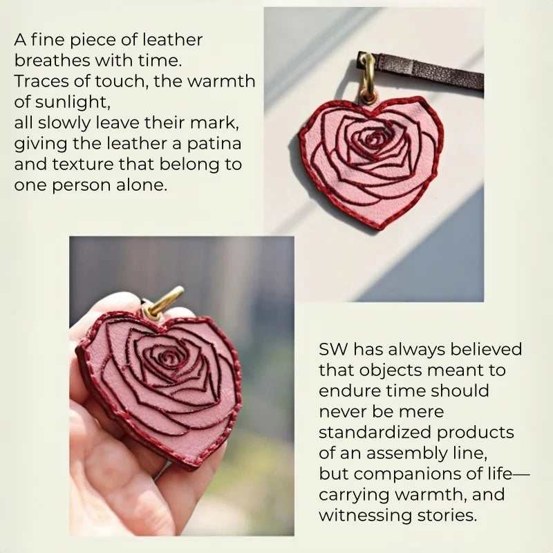 Rose Heart Leather Bag Charm – Original Handmade Genuine Leather RFID Card Holder | Romantic Rose Pendant Keychain | Elegant Functional Accessory, Gift for Her