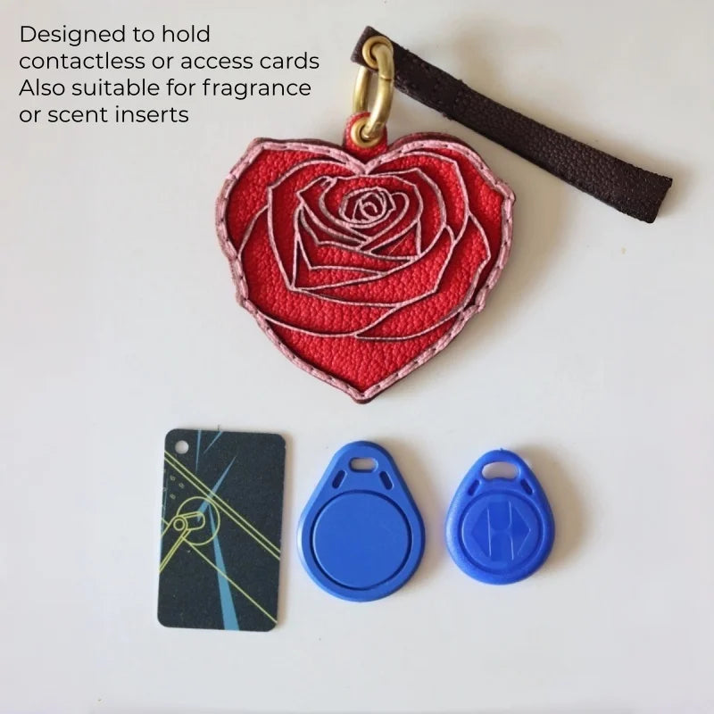 Rose Heart Leather Bag Charm – Original Handmade Genuine Leather RFID Card Holder | Romantic Rose Pendant Keychain | Elegant Functional Accessory, Gift for Her