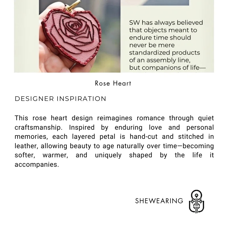 Rose Heart Leather Bag Charm – Original Handmade Genuine Leather RFID Card Holder | Romantic Rose Pendant Keychain | Elegant Functional Accessory, Gift for Her