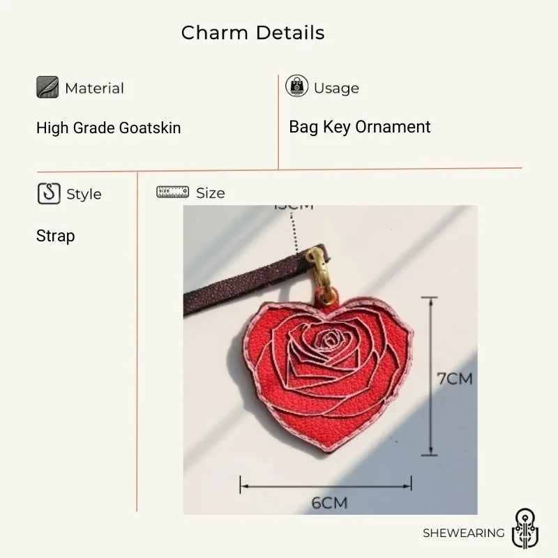 Rose Heart Leather Bag Charm – Original Handmade Genuine Leather RFID Card Holder | Romantic Rose Pendant Keychain | Elegant Functional Accessory, Gift for Her