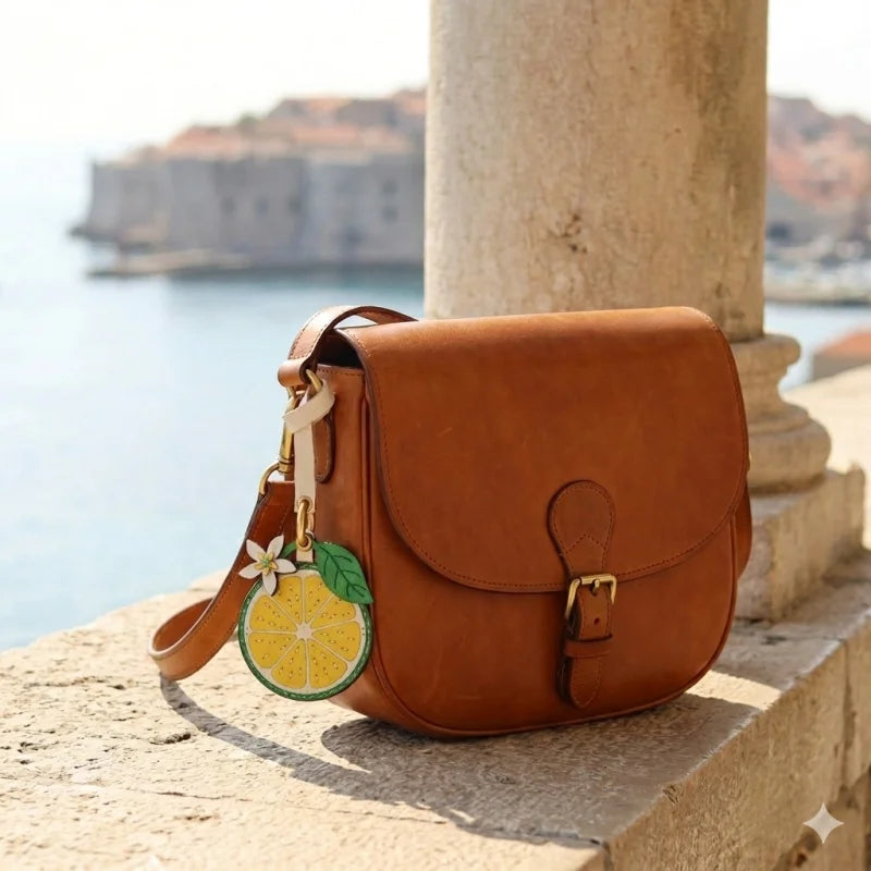 Amuleto de bolsa de cuero limón cítrico con tarjetero oculto – Colgante de cuero de grano completo hecho a mano | Estuche para tarjeta de llave NFC | Regalo funcional de accesorio para bolso para ella
