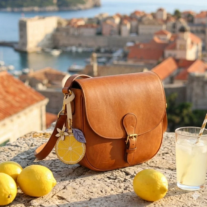 Amuleto de bolsa de cuero limón cítrico con tarjetero oculto – Colgante de cuero de grano completo hecho a mano | Estuche para tarjeta de llave NFC | Regalo funcional de accesorio para bolso para ella