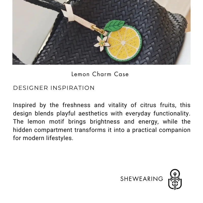 Amuleto de bolsa de cuero limón cítrico con tarjetero oculto – Colgante de cuero de grano completo hecho a mano | Estuche para tarjeta de llave NFC | Regalo funcional de accesorio para bolso para ella