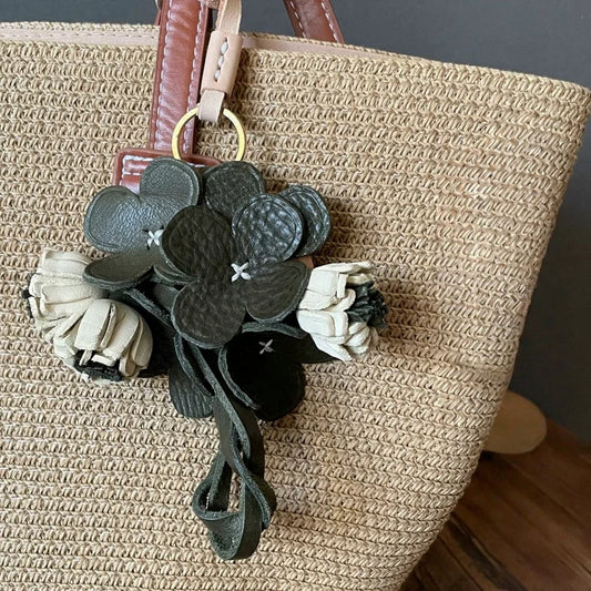 Botanical Leather Flower Bag Charm – Handmade Full-Grain Leather Floral Pendant | Layered 3D Handbag Accessory | Elegant Gift for Her