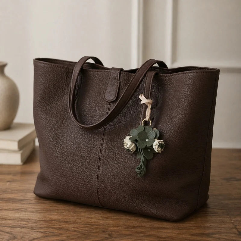 Colgante botánico de cuero en forma de flor para bolso – Colgante floral de cuero de plena flor hecho a mano | Accesorio para bolso en 3D con capas | Regalo elegante para ella