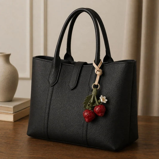 Llavero de Fresa Artesanal de Cuero – Colgante de Fruta de Cuero de Grano Completo | Accesorio 3D Hecho a Mano para Bolso | Dulce Regalo para Ella
