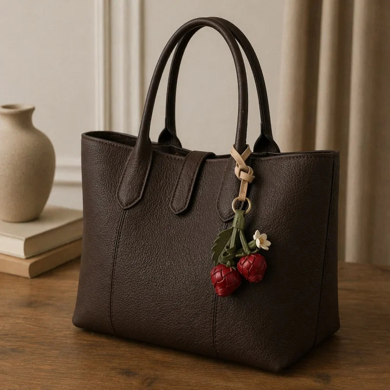 Llavero de Fresa Artesanal de Cuero – Colgante de Fruta de Cuero de Grano Completo | Accesorio 3D Hecho a Mano para Bolso | Dulce Regalo para Ella