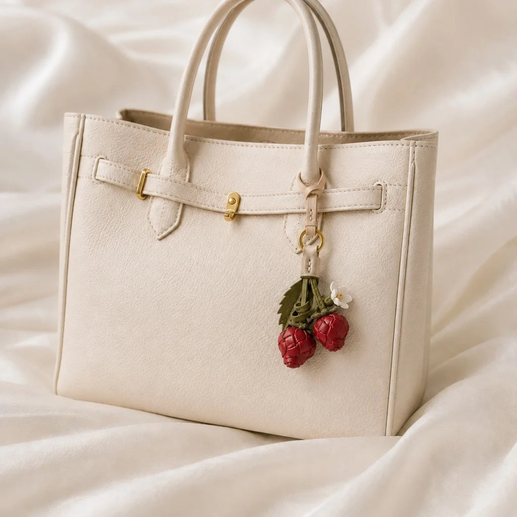 Handcrafted Strawberry Leather Bag Charm – Full-Grain Leather Fruit Pendant Keychain | 3D Handmade Handbag Accessory | Sweet Gift for Her