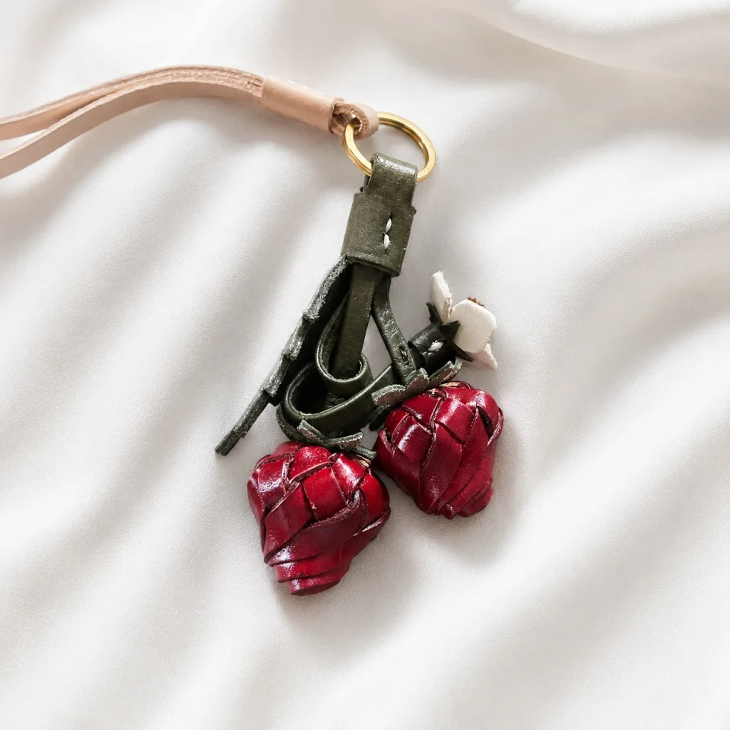 Handcrafted Strawberry Leather Bag Charm – Full-Grain Leather Fruit Pendant Keychain | 3D Handmade Handbag Accessory | Sweet Gift for Her