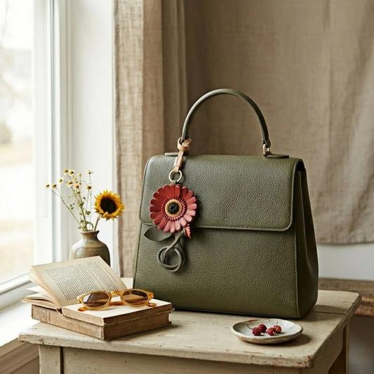 Colgante de Piel Gerbera Premium – Colgante Floral de Piel Plena Flor Hecho a Mano | Accesorio Botánico Vintage para Bolso | Regalo Elegante para Ella