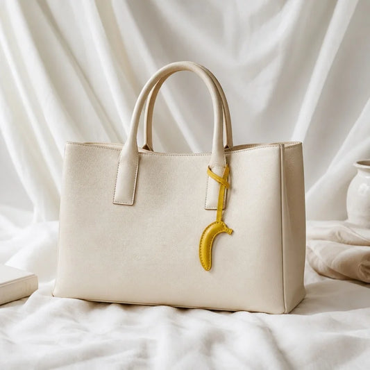 Dije creativo de piel de plátano para bolso: accesorio hecho a mano de piel de vacuno plena flor para bolsos y llaves, una idea de regalo original.