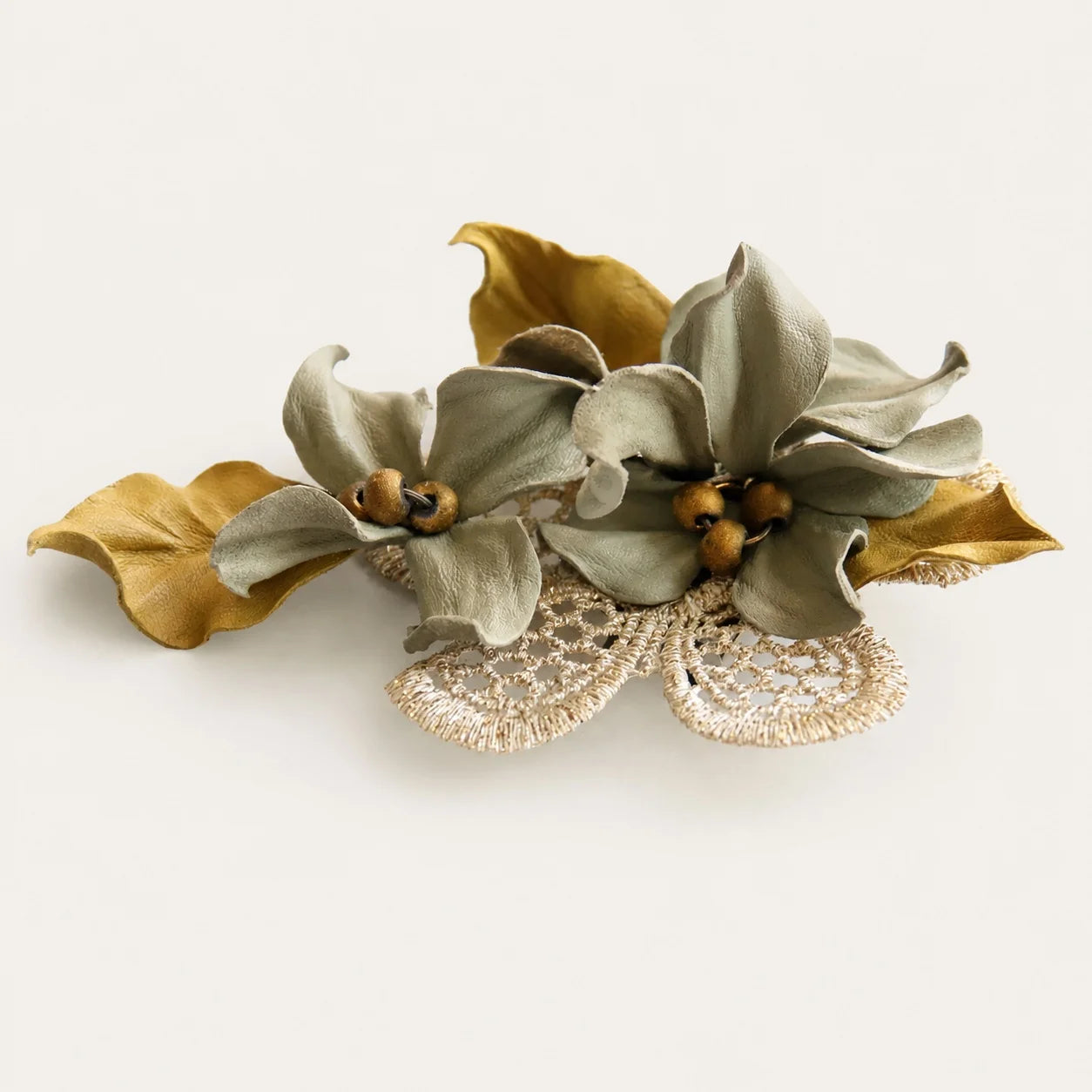 Sculptural Sage Botanical Sheepskin Leather Brooch, Vintage-Inspired Floral Statement Accessory