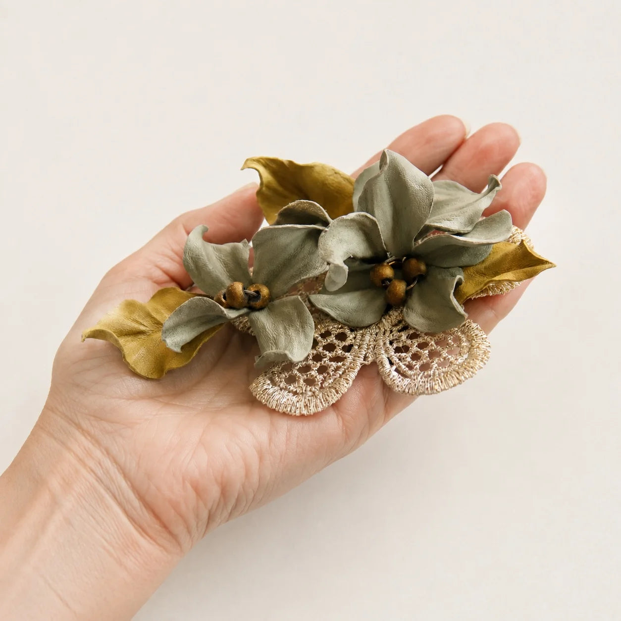 Sculptural Sage Botanical Sheepskin Leather Brooch, Vintage-Inspired Floral Statement Accessory