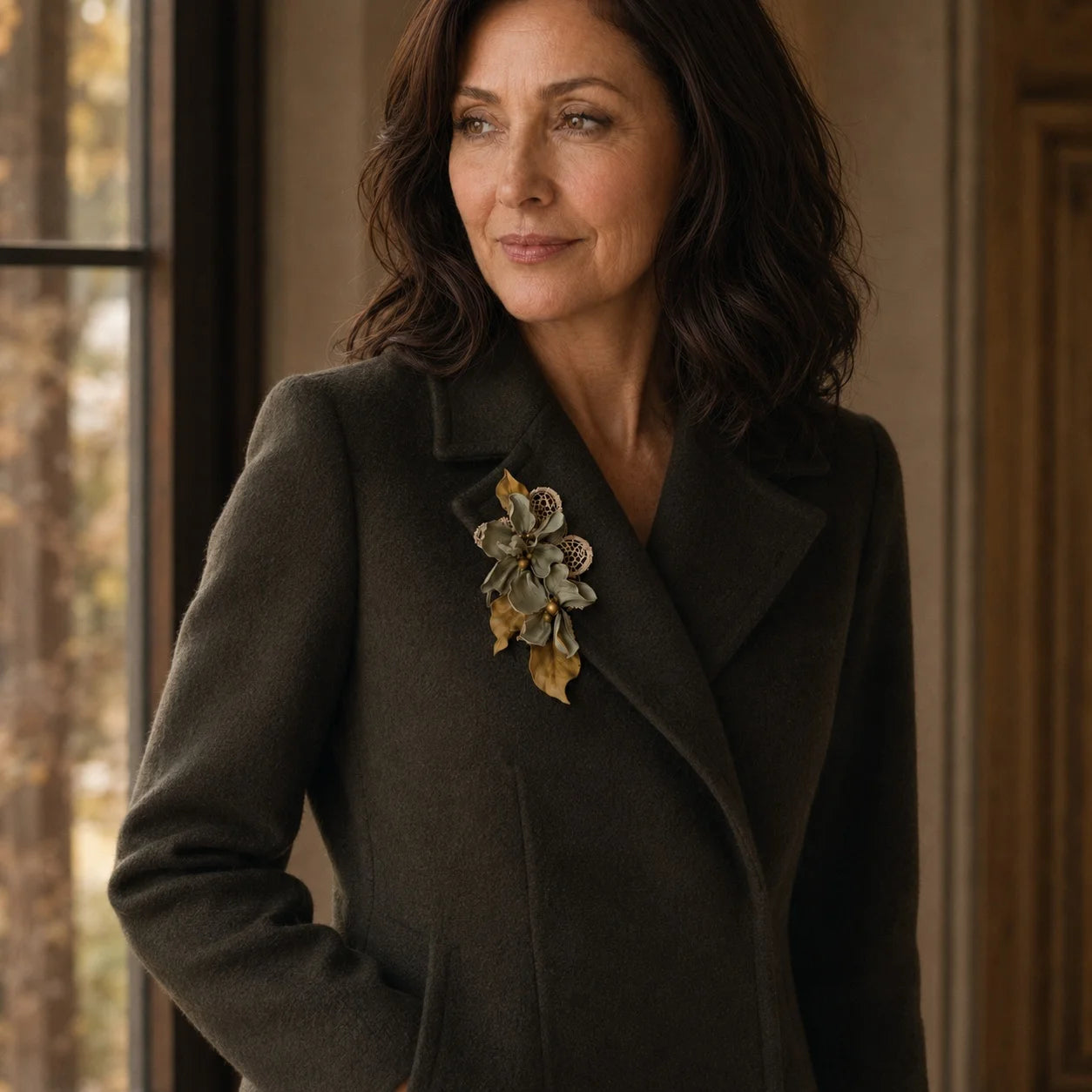 Sculptural Sage Botanical Sheepskin Leather Brooch, Vintage-Inspired Floral Statement Accessory