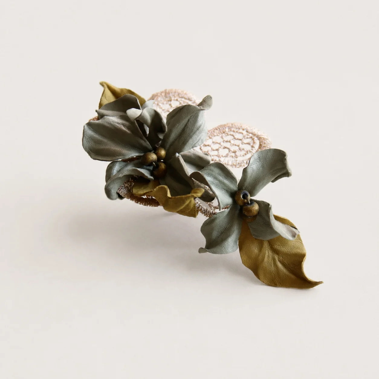 Sculptural Sage Botanical Sheepskin Leather Brooch, Vintage-Inspired Floral Statement Accessory