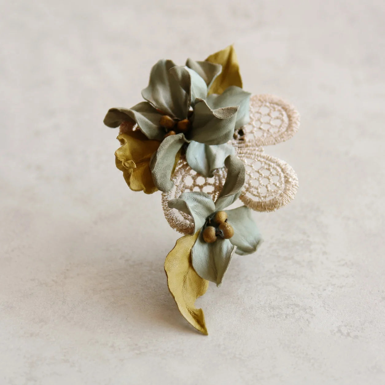 Sculptural Sage Botanical Sheepskin Leather Brooch, Vintage-Inspired Floral Statement Accessory
