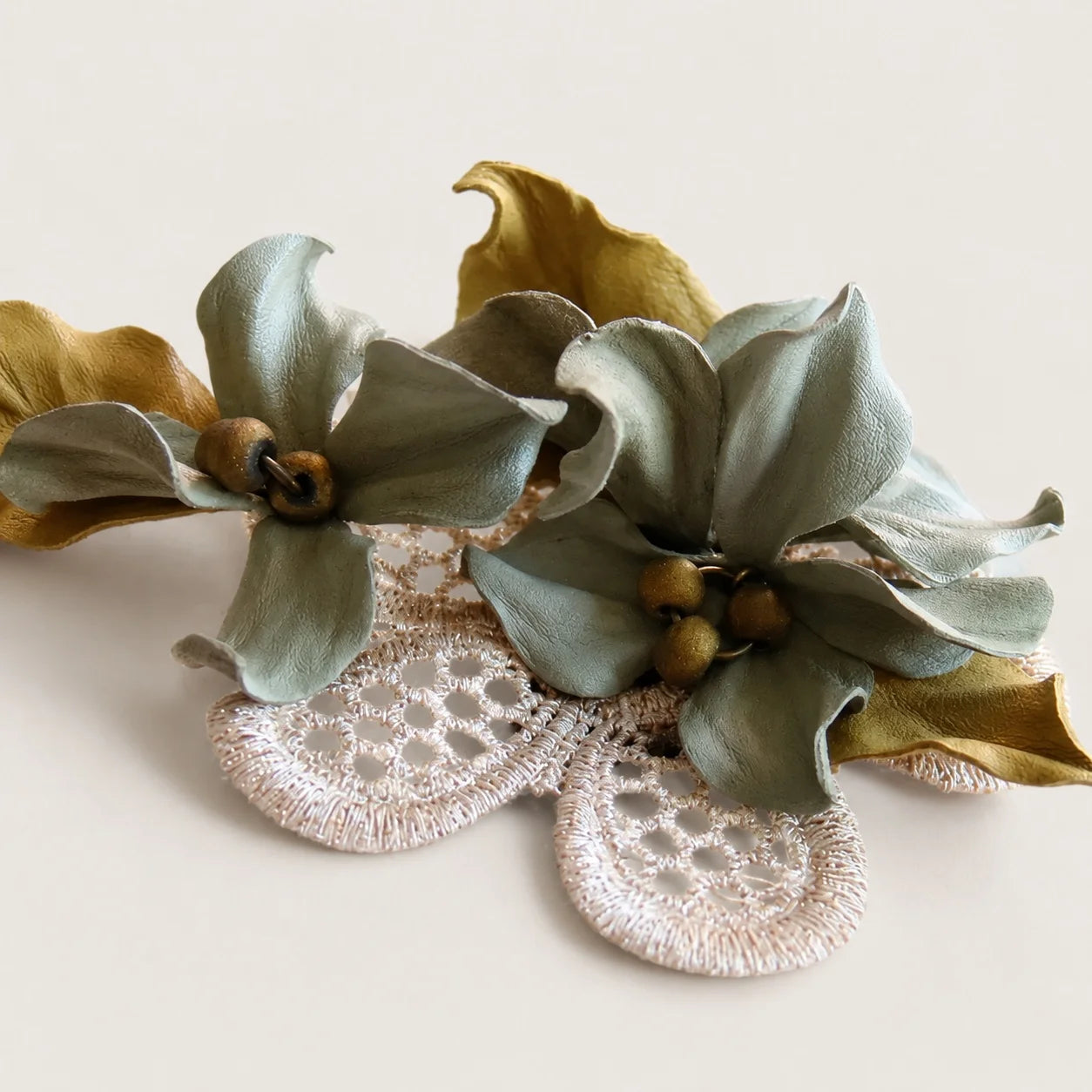 Sculptural Sage Botanical Sheepskin Leather Brooch, Vintage-Inspired Floral Statement Accessory