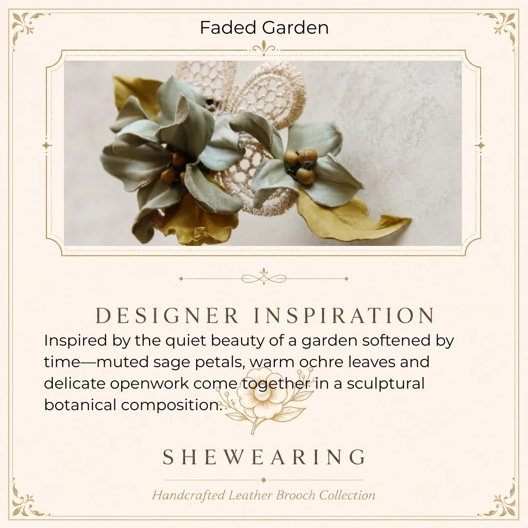 Sculptural Sage Botanical Sheepskin Leather Brooch, Vintage-Inspired Floral Statement Accessory