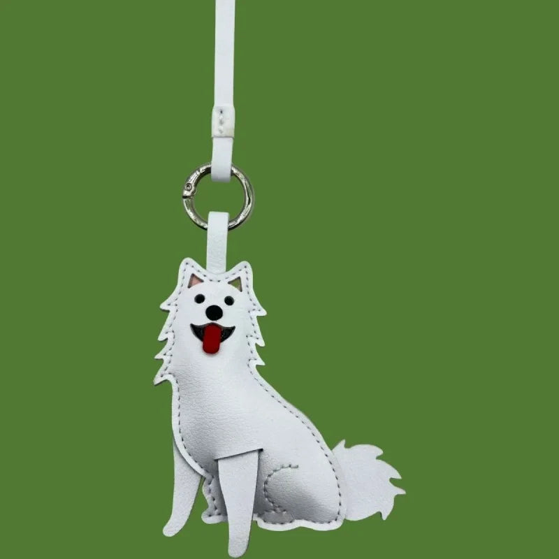 Original Samoyed Dog Leather Bag Charm – Handmade Full-Grain Leather Keychain | Cute White Puppy Pendant for Pet Lovers | Zodiac Gift & Couple Accessory