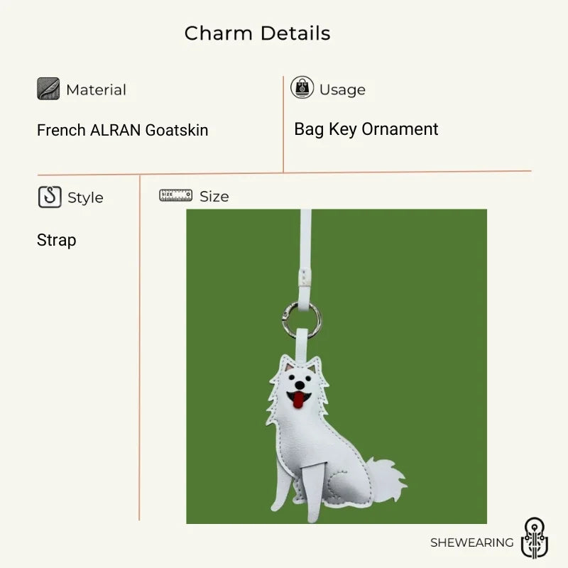 Original Samoyed Dog Leather Bag Charm – Handmade Full-Grain Leather Keychain | Cute White Puppy Pendant for Pet Lovers | Zodiac Gift & Couple Accessory