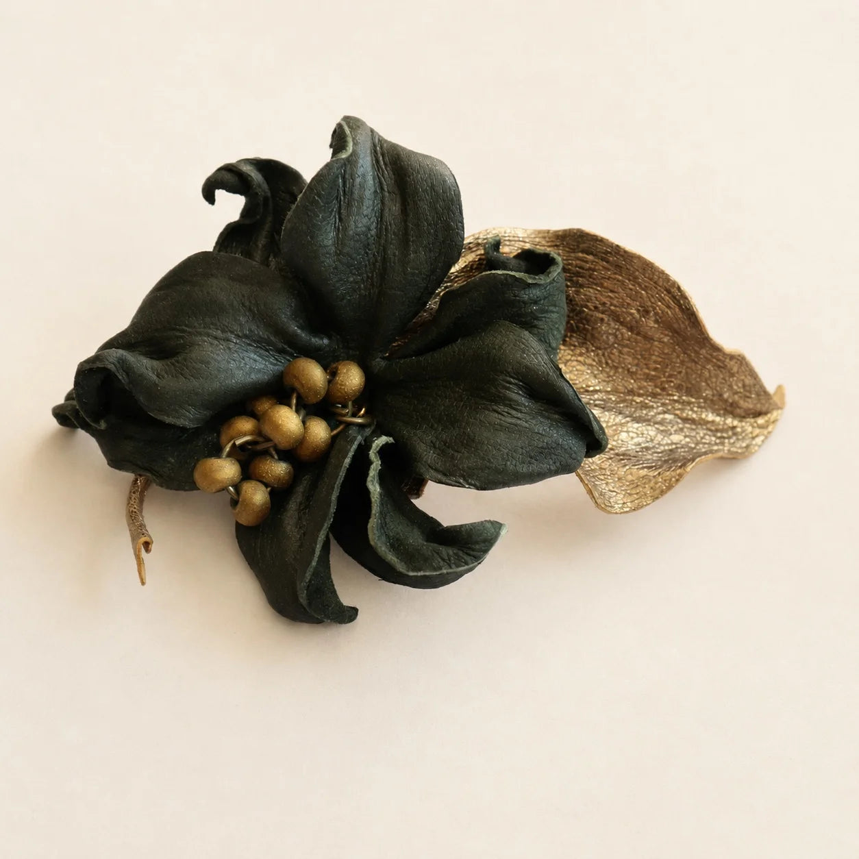 Vintage-Inspired Blackened Forest Green Sheepskin Leather Sculptural Flower Brooch Gift for her
