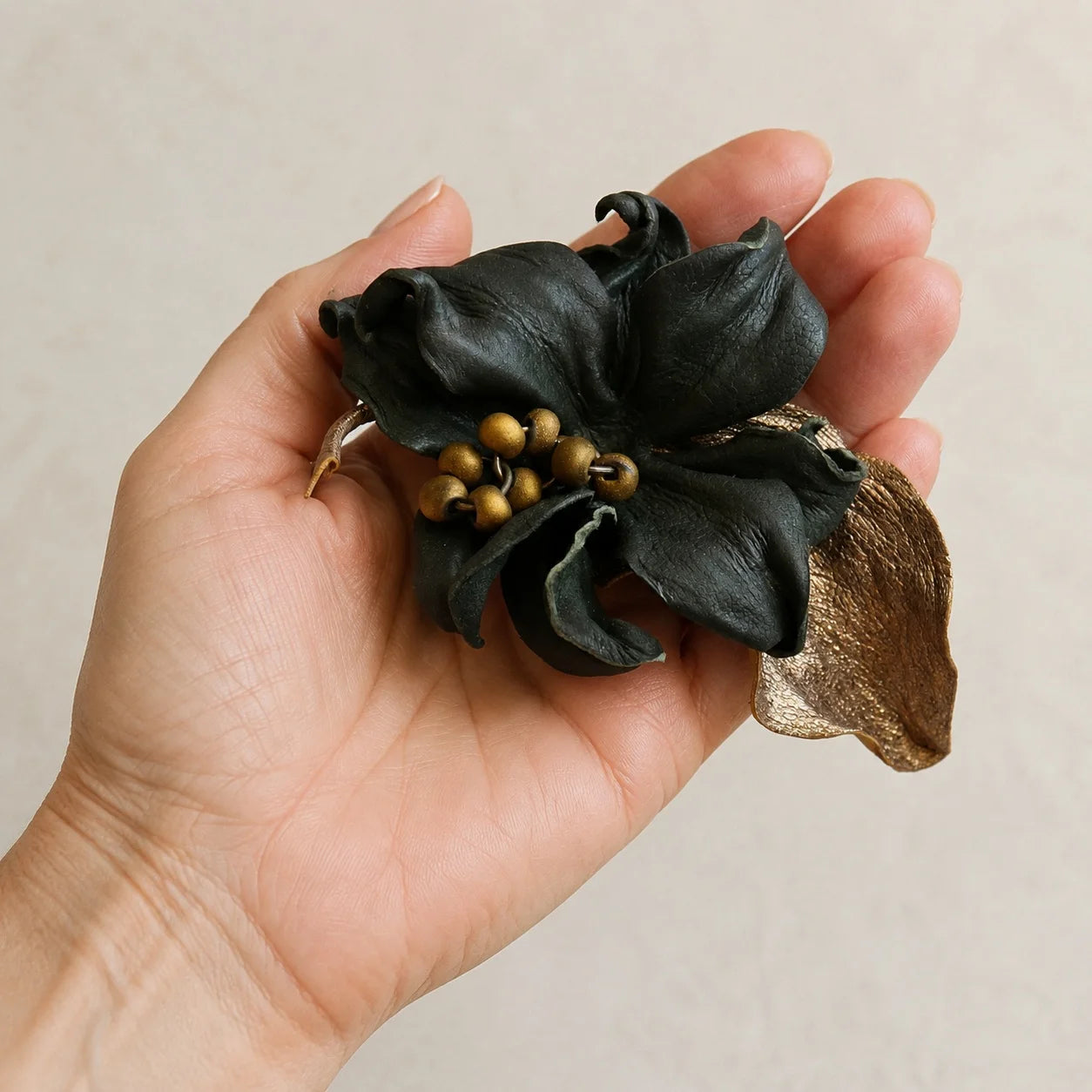 Vintage-Inspired Blackened Forest Green Sheepskin Leather Sculptural Flower Brooch Gift for her