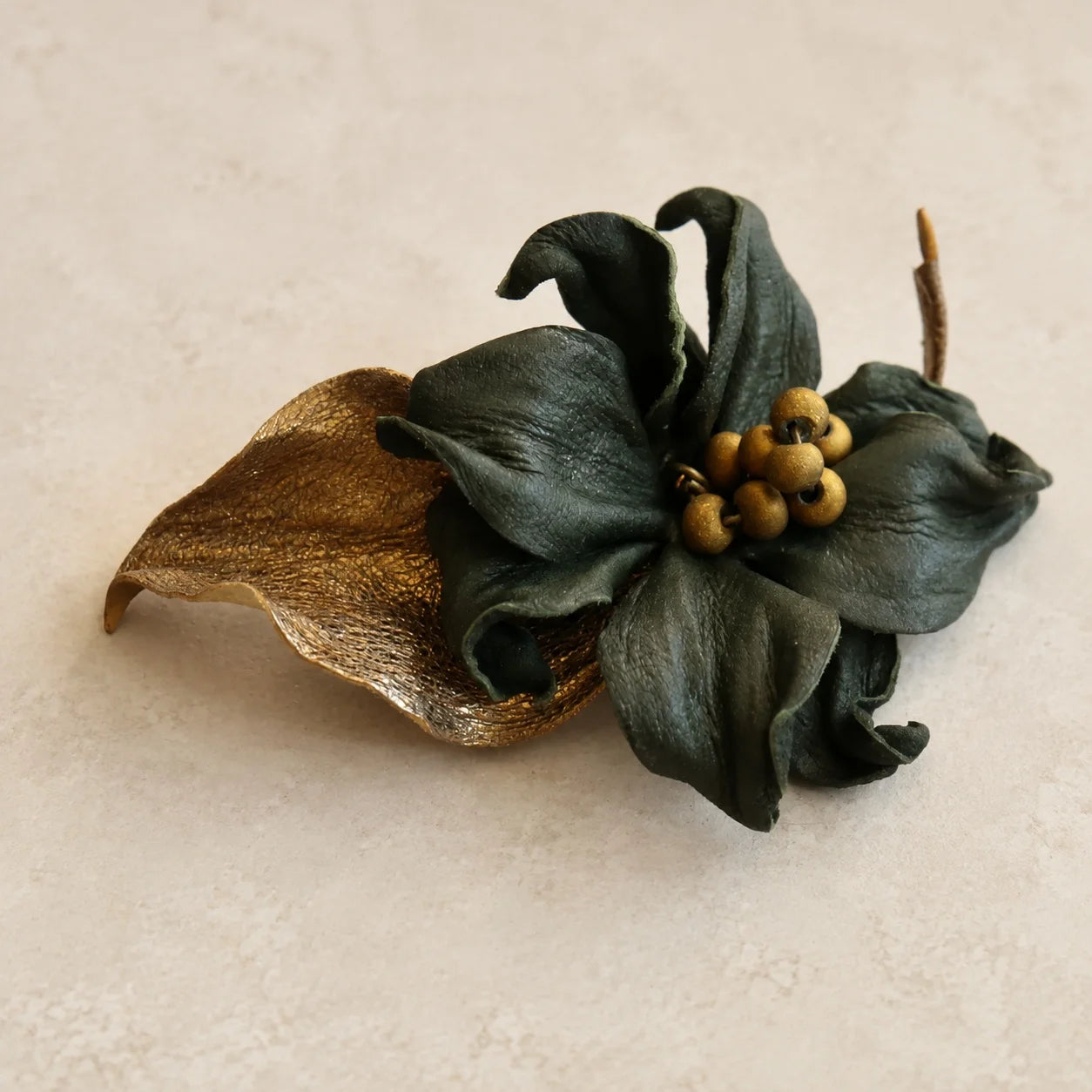 Vintage-Inspired Blackened Forest Green Sheepskin Leather Sculptural Flower Brooch Gift for her