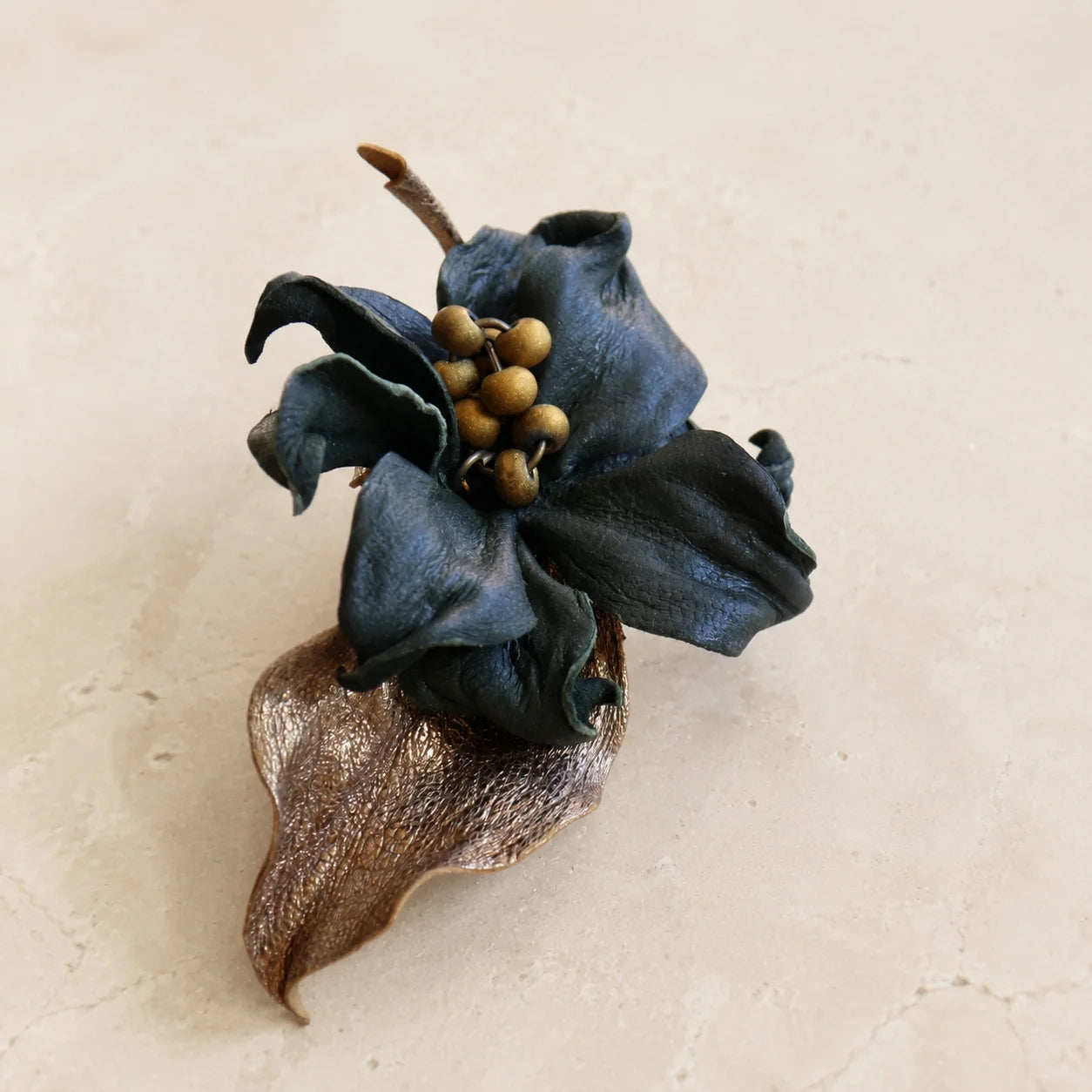Vintage-Inspired Blackened Forest Green Sheepskin Leather Sculptural Flower Brooch Gift for her