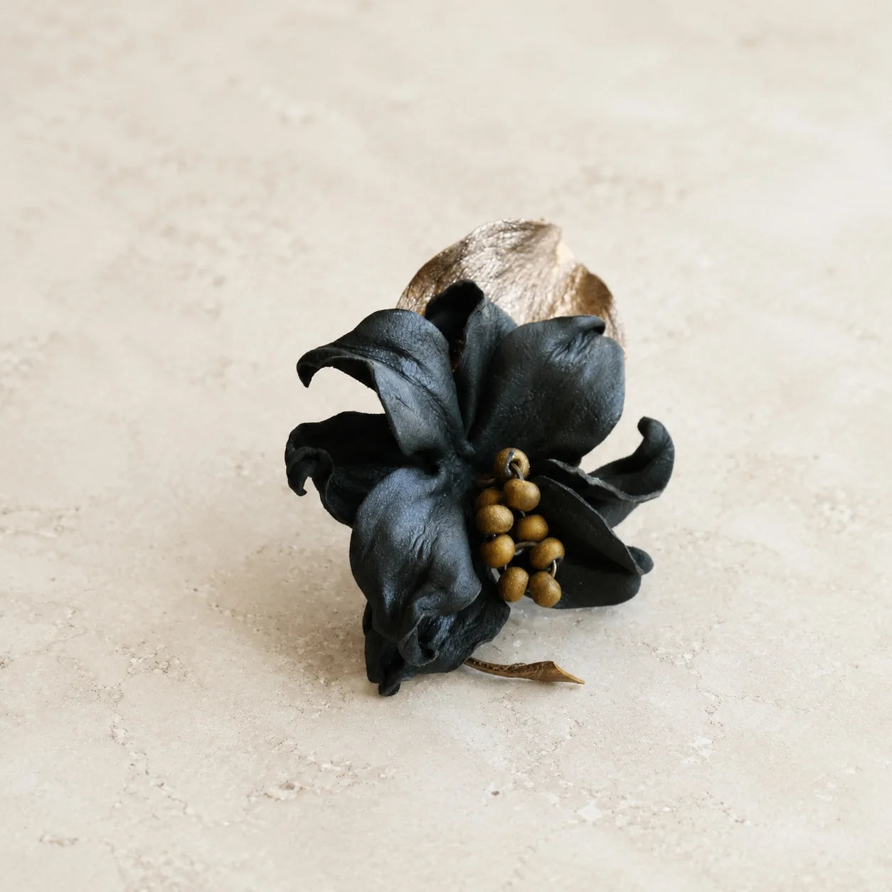 Vintage-Inspired Blackened Forest Green Sheepskin Leather Sculptural Flower Brooch Gift for her