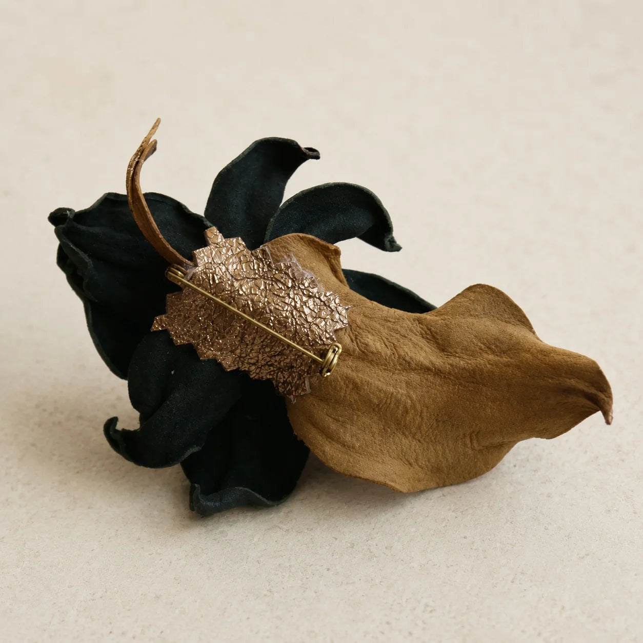 Vintage-Inspired Blackened Forest Green Sheepskin Leather Sculptural Flower Brooch Gift for her
