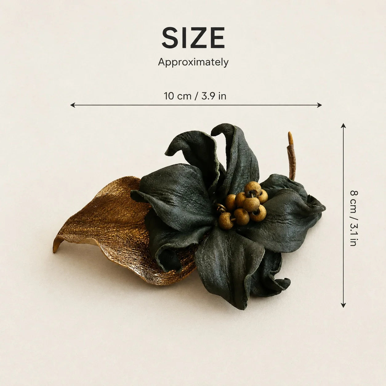 Vintage-Inspired Blackened Forest Green Sheepskin Leather Sculptural Flower Brooch Gift for her