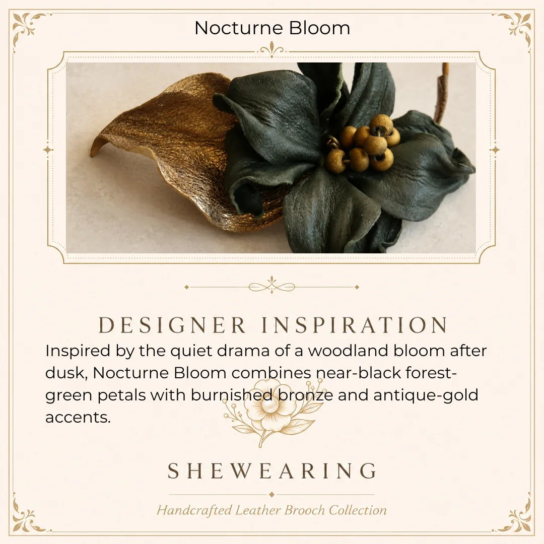 Vintage-Inspired Blackened Forest Green Sheepskin Leather Sculptural Flower Brooch Gift for her